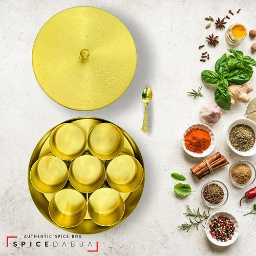 Brass Indian Spice Box, Brass masala Dabba, Brass Spice Box with 7 container & Spoon, Authentic Spices, Masala Box with Individual containers | Size 8 x 8 x 2 IN (Indian Spice Box Only)