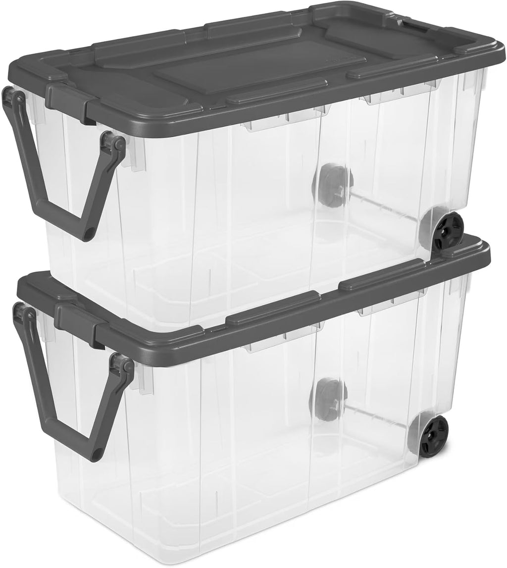 Stacker 160 Quart Wheeled Bin - Extra Large Durable Clear Storage with Latch Lid & Pull Handle | Gray, 2 Count