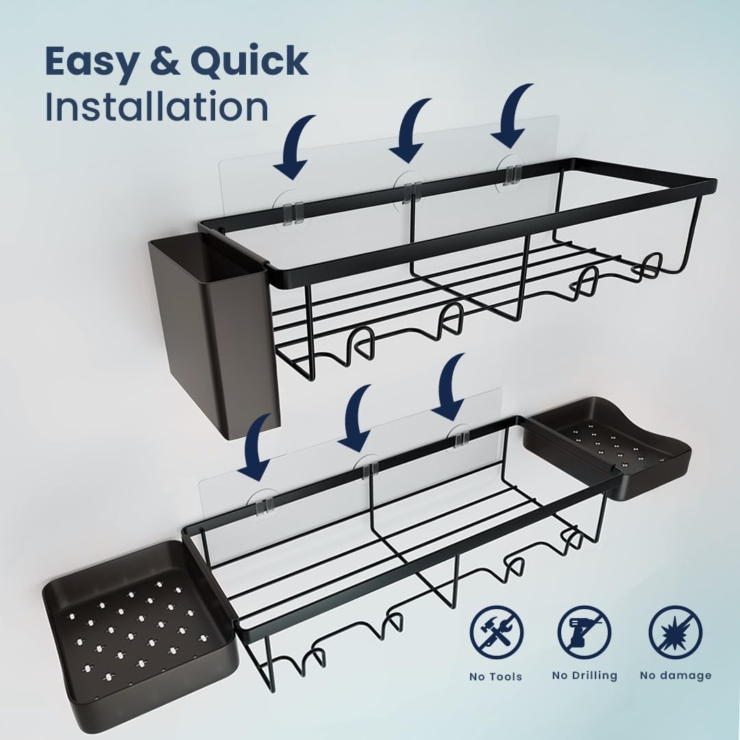 Sben Shower Caddy - Rustproof Adhesive Organizer with Large Capacity | 5 Pack Bathroom Shelves in Black
