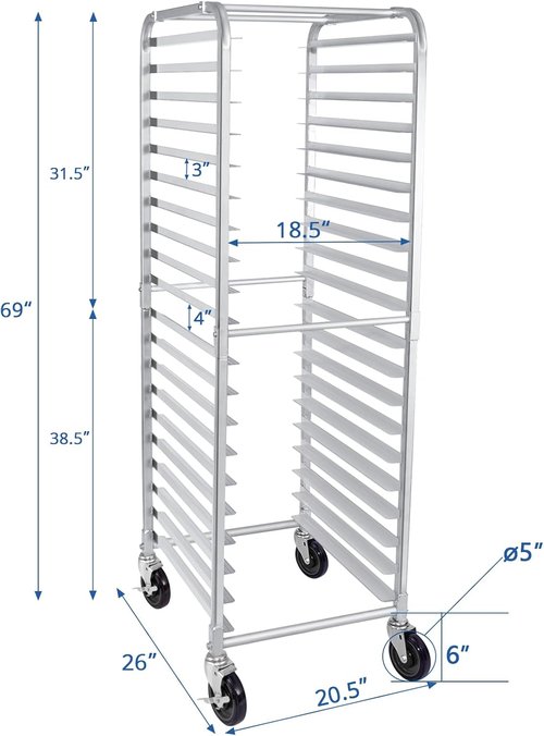 HARDURA 20-Tier Bun Pan Rack - NSF Certified Aluminum Bakery Rack with Casters | 20"x26"x69"H