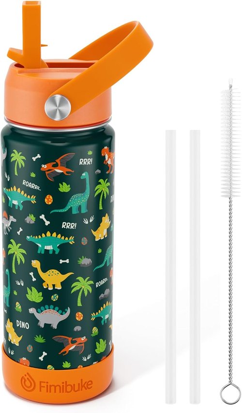 Fimibuke Insulated Kids Water Bottle - 18oz BPA-Free Stainless Steel Tumbler with Straw | Green Dinosaur Design