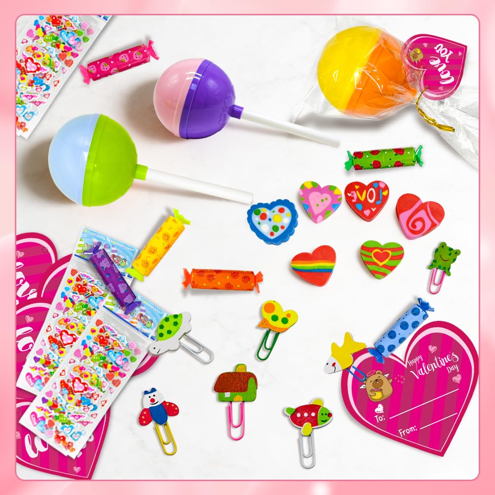UMEELR 24Pack Lollipop Stationery Set with Heart Cards Highlighter Stickers Cartoon Paperclip Erasers for School Class Prize Easter Basket Stuffers, Easter Egg Hunt