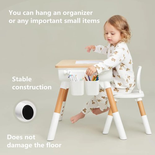 Tonlevo Toddler Desk & Chair Set - Adjustable Height Kids Table with Storage, Solid Wood Legs, Ergonomic for Arts & Crafts, Learning, Snacks & Play (Ages 1-8) - Tool-Free Assembly, White/Natural Wood