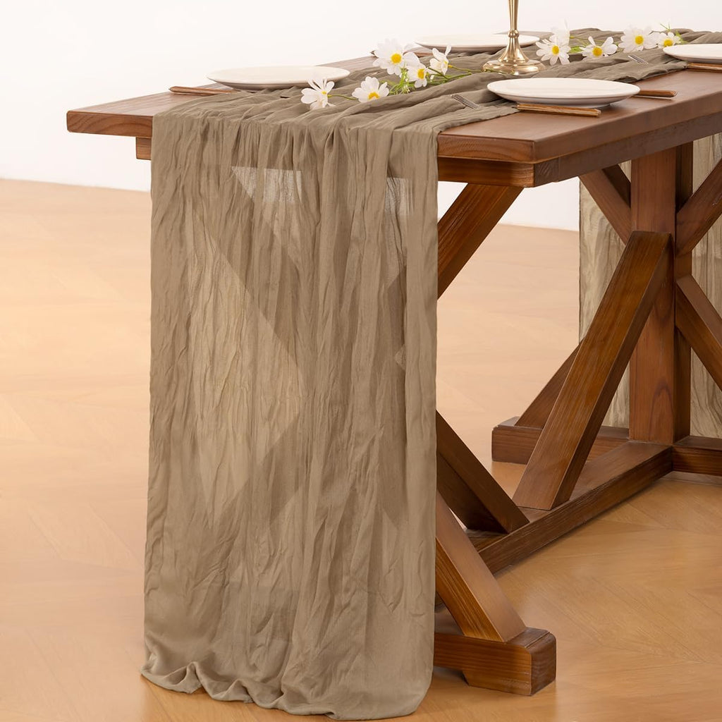 Socomi Cheesecloth Table Runner - 120 Inch Nude Brown Boho Style for Weddings & Events