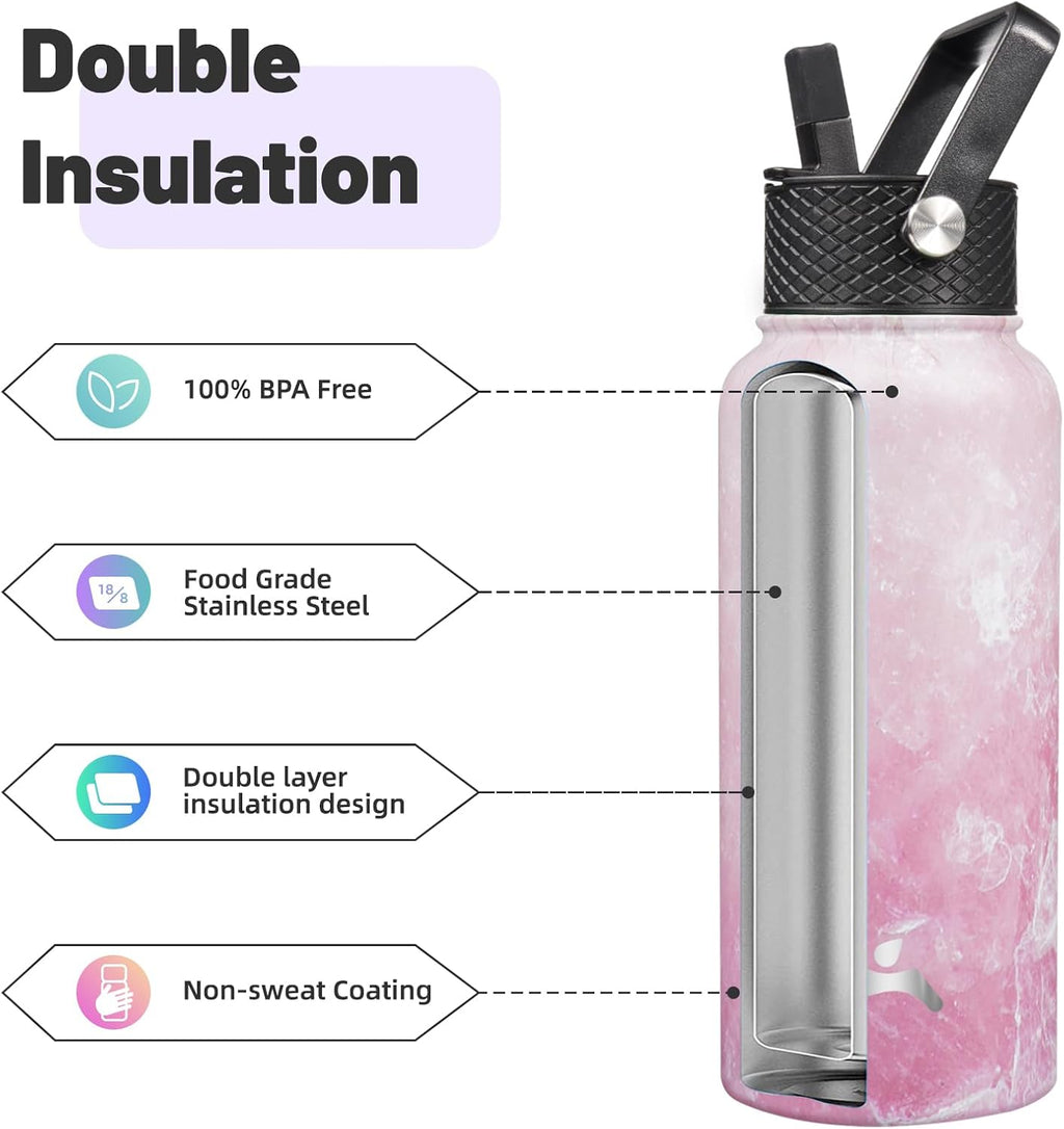 Skiennix 32 oz Insulated Stainless Steel Water Bottle - Marble Blossom | 3 Lids Included