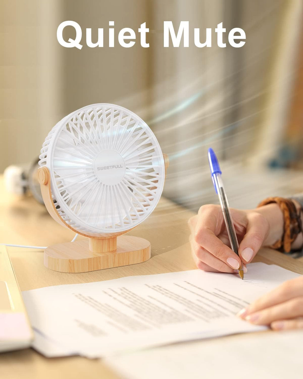 Sweetfull USB Desk Fan - 6.5 Inch Portable Mini Fan with 3 Speeds & 360° Adjustment | Quiet Operation, White Wood Grain