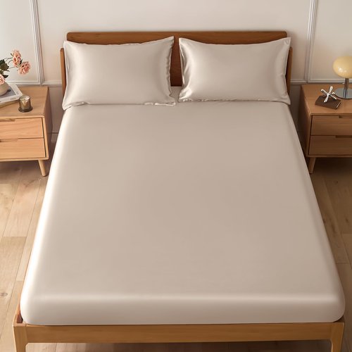 VACVELT 3-Piece Satin Fitted Sheet Set Queen Size, Beige Bottom Bed Sheet with 2 Pillowcases, Similar to Silk Sheets, Luxury & Silky Bedding Set, 15 Inch Deep Pocket
