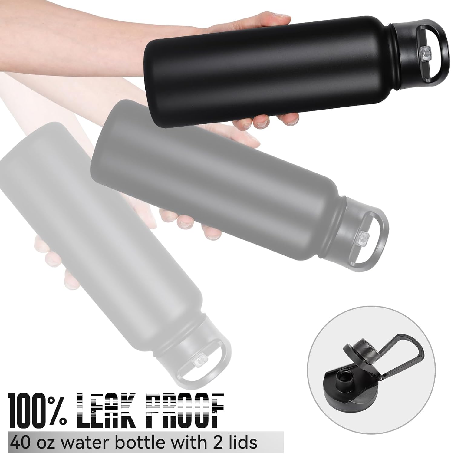 Skiennix 40 Oz Insulated Water Bottle - Stainless Steel, Leakproof, BPA-Free | Black with 2 Lids