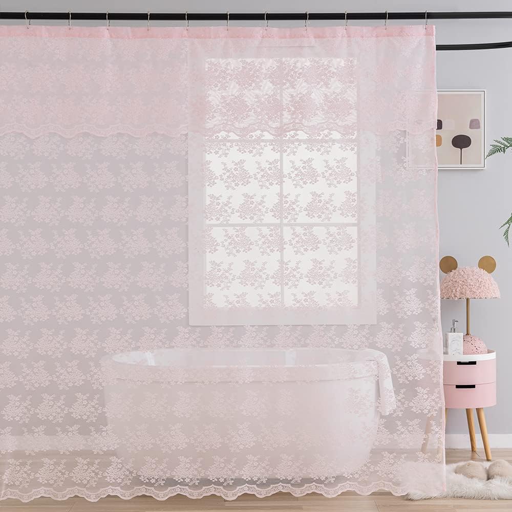 TUDECO Pink Shower Curtain - Shabby Chic Lace Design with Sheer Valance | Vintage Floral Aesthetic, 72 x 72 Inch