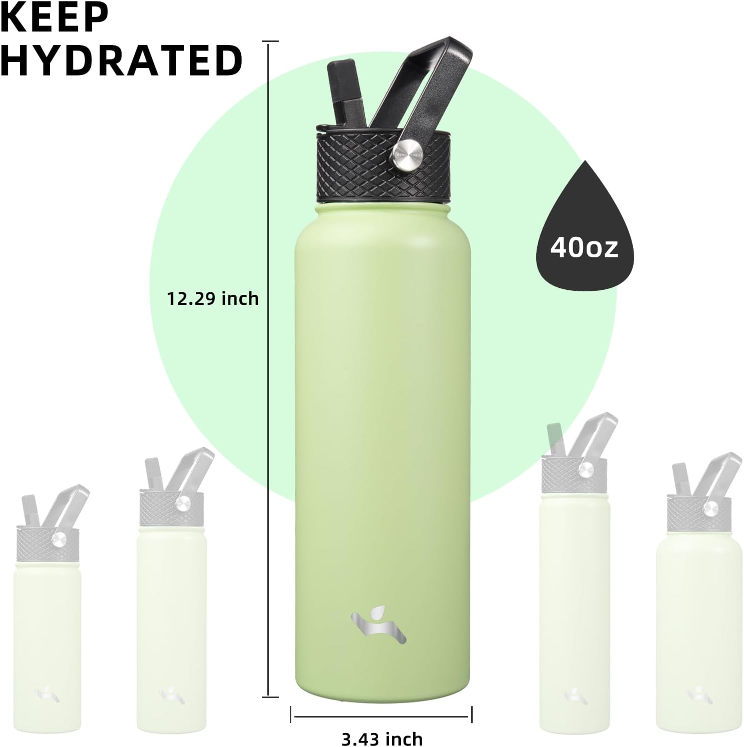 Skiennix 40oz Insulated Water Bottle - Stainless Steel Sport Bottle with 3 Lids | Macaron Green