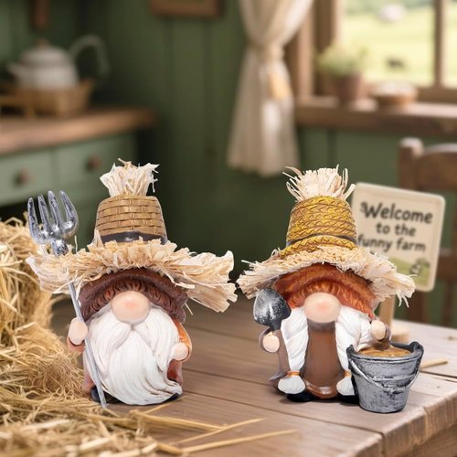 Hodao Farmer Gnomes Figurines - Rustic Hand-Painted Resin with Straw Hats & Tools | Charming Farmhouse Decor for Gardeners