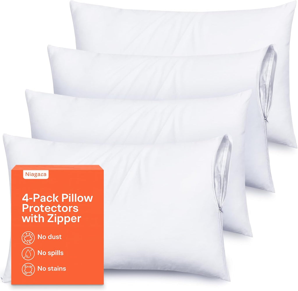 Ultra Soft Pillow Protectors by [Brand Name] - Queen Size Zippered Set of 4 - 100% Stain & Dust Protection, Machine Washable (White)