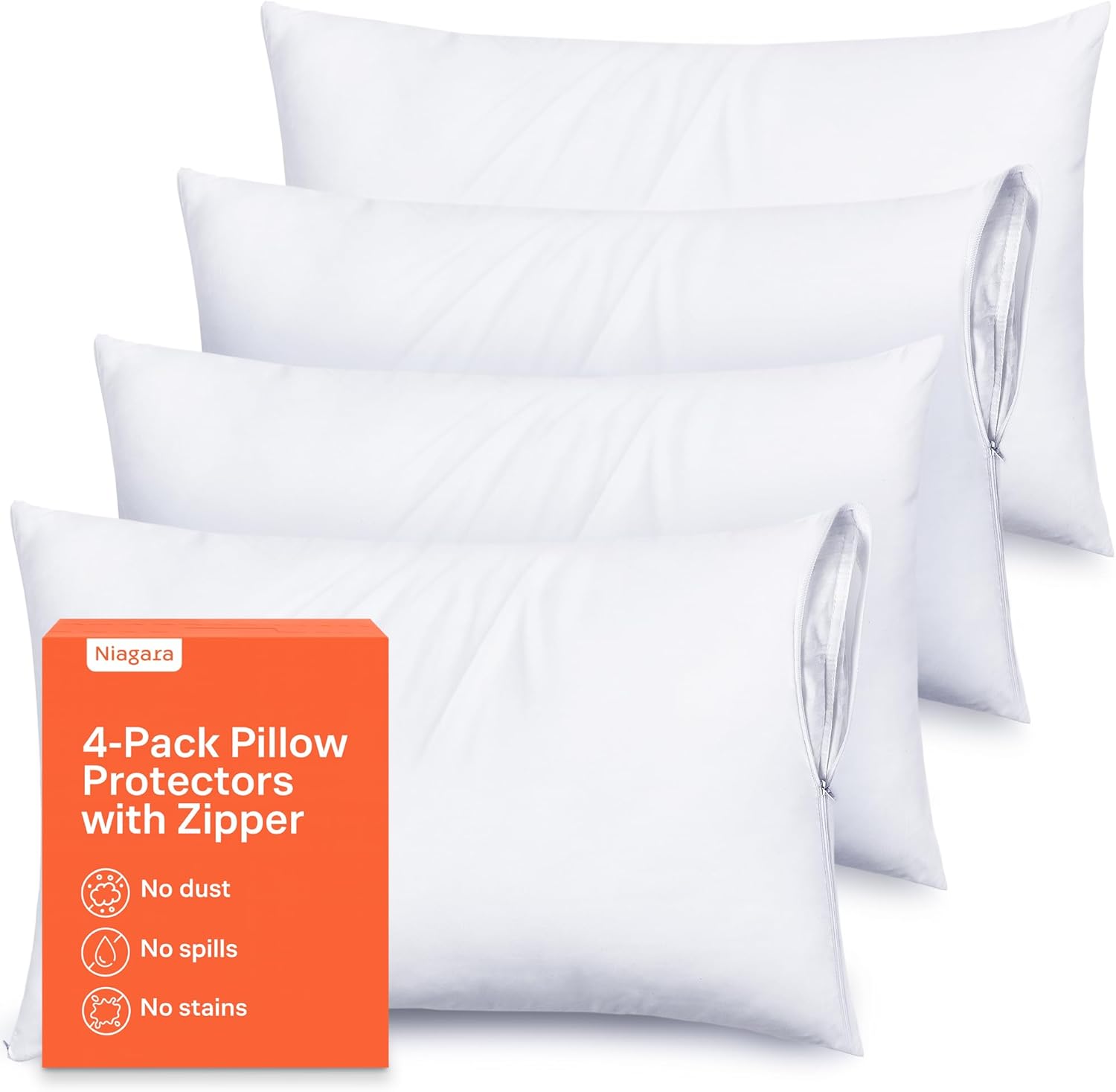 Ultra Soft Pillow Protectors - King Size Zippered Set of 4 | 100% Stain, Dust & Dirt Protection - Machine Washable (White)