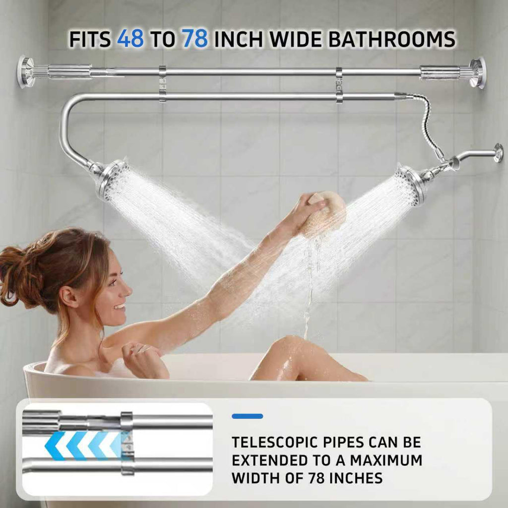 OURBAOFU Tandem Shower Heads, Double Shower Head for Couples, Dual Shower Head System for Two People, High Pressure and Adjustable Double Shower Heads (Silver)