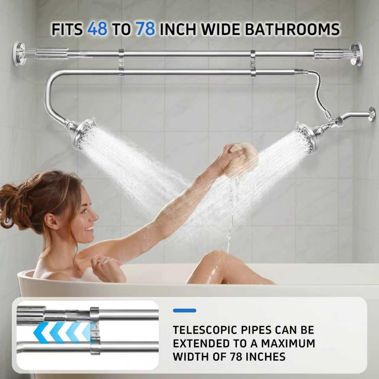 OURBAOFU Tandem Shower Heads, Double Shower Head for Couples, Dual Shower Head System for Two People, High Pressure and Adjustable Double Shower Heads (Silver)