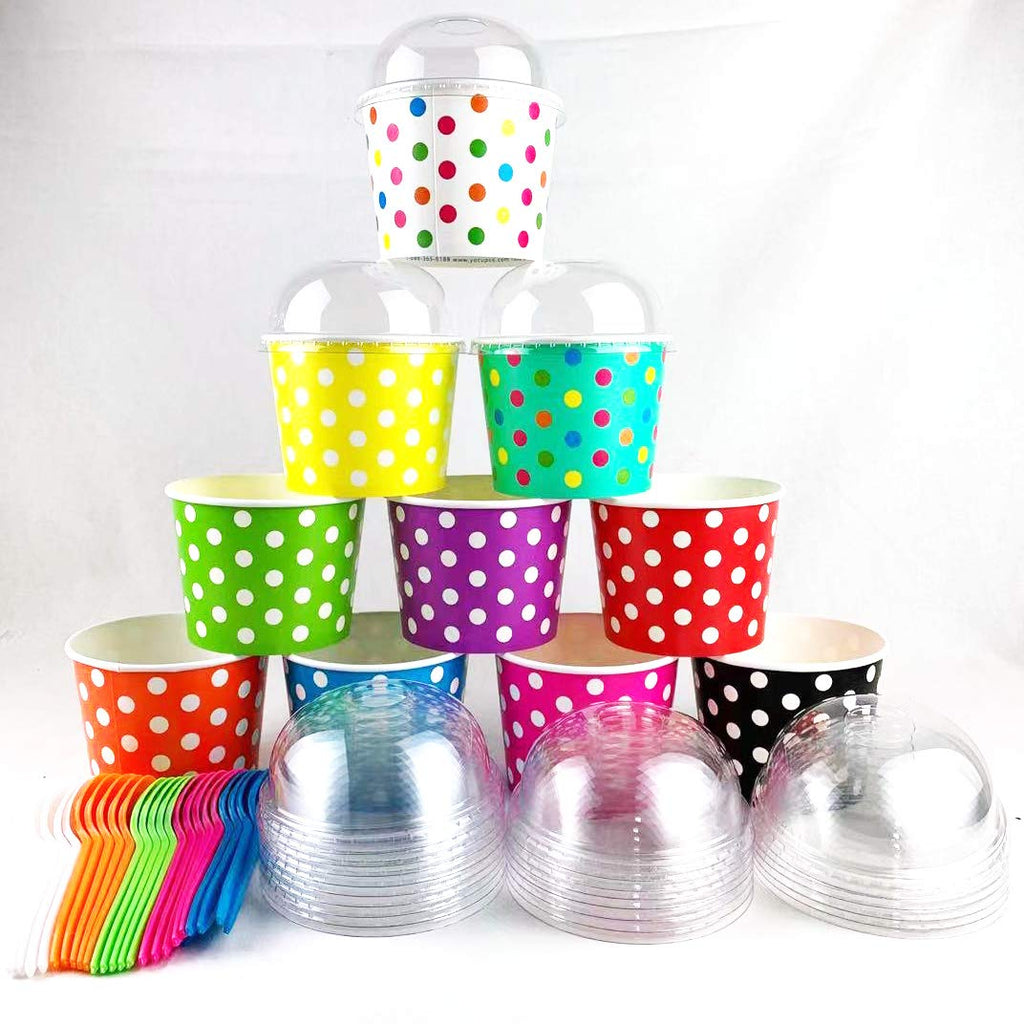 Worlds Paper Ice Cream Cups With Dome Lids No Hole and Plastic Spoons,Polka Dot 16OZ Mix 25 Set