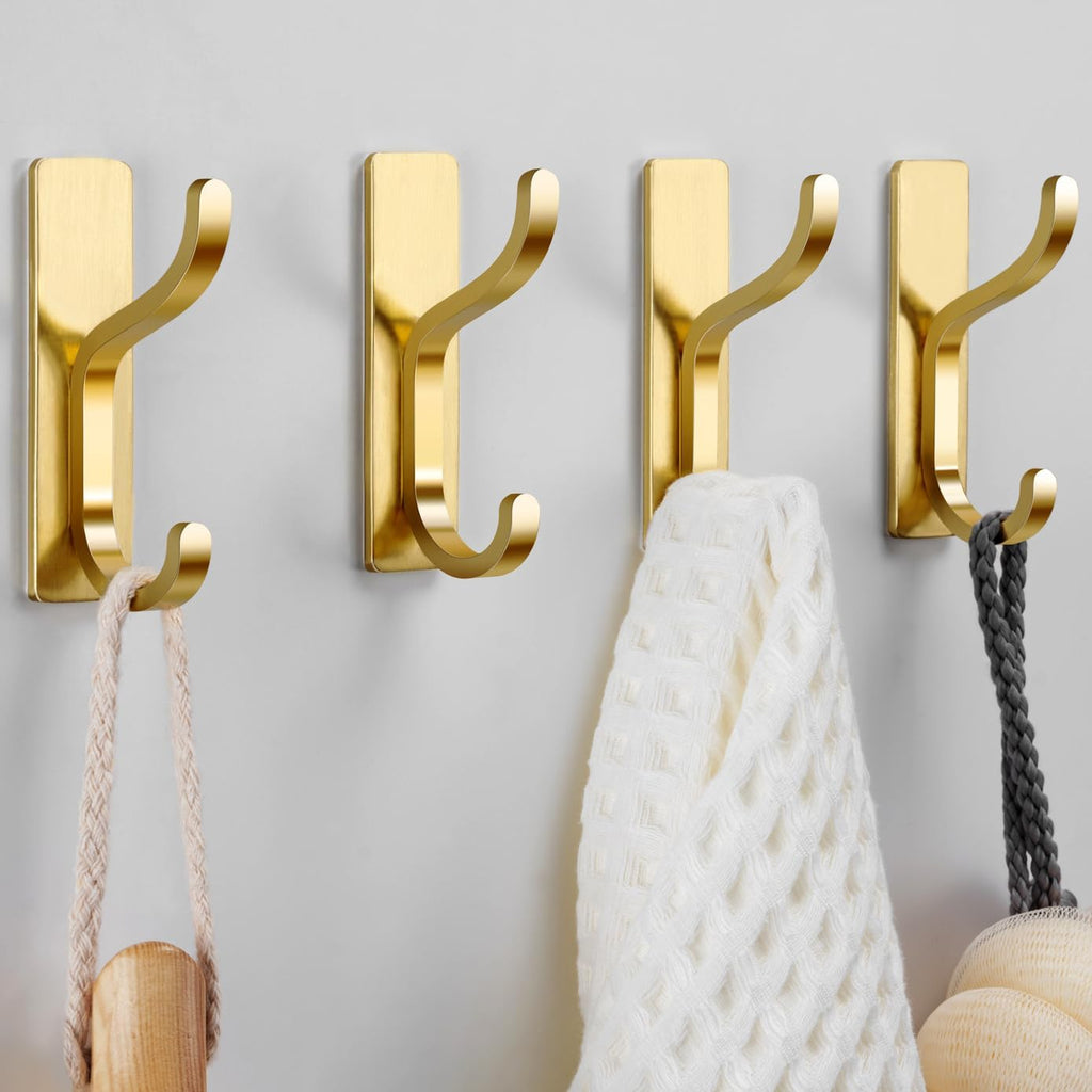 Pickpiff Adhesive Wall Coat Hooks - Heavy-Duty Stick-On Metal Hangers for Towels, Bags & Jackets - Gold, 4 Pack