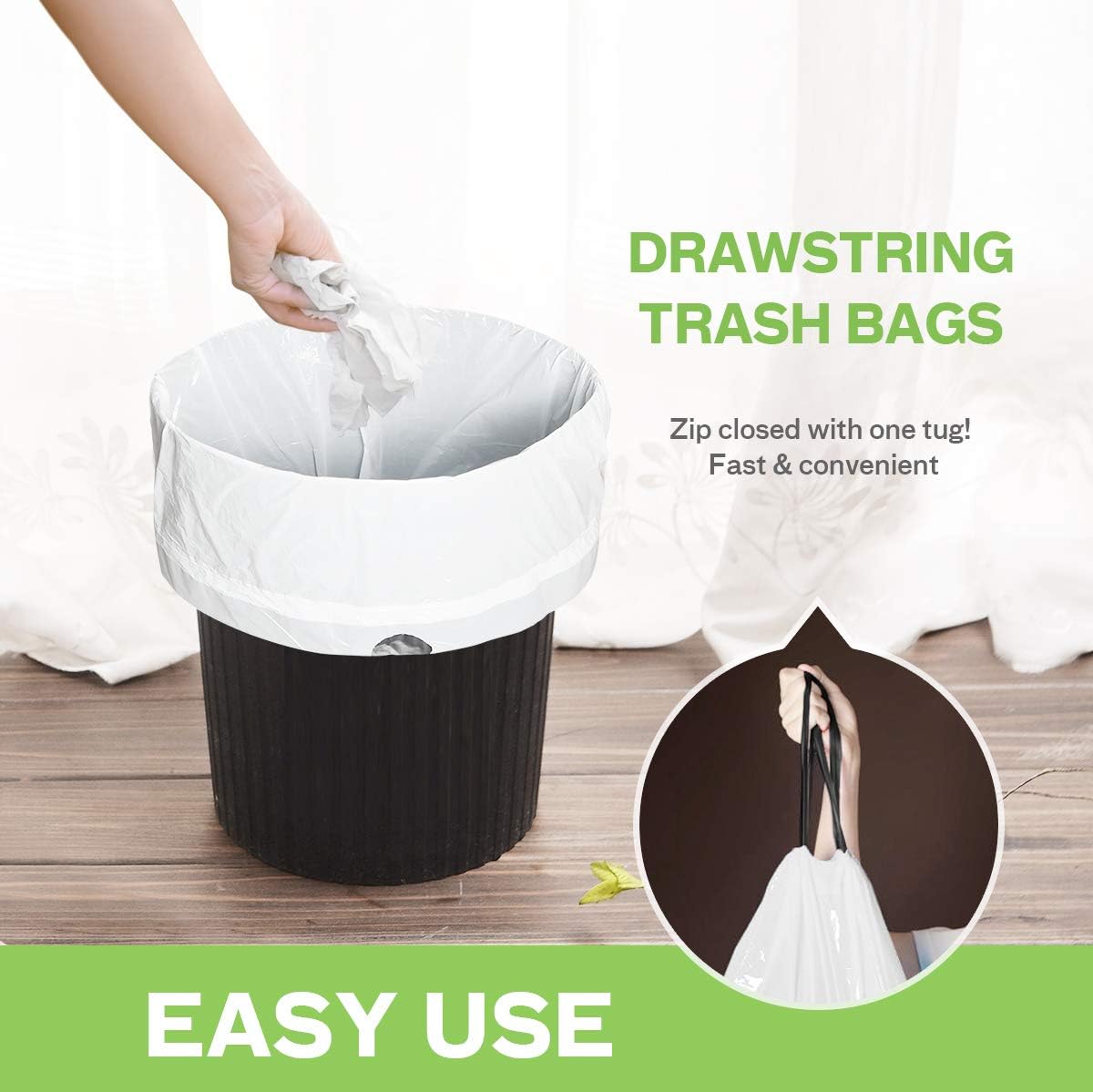 Teivio Strong Drawstring Trash Bags - 1.6 Gallon, 120 Counts | Durable White Liners for Home & Office