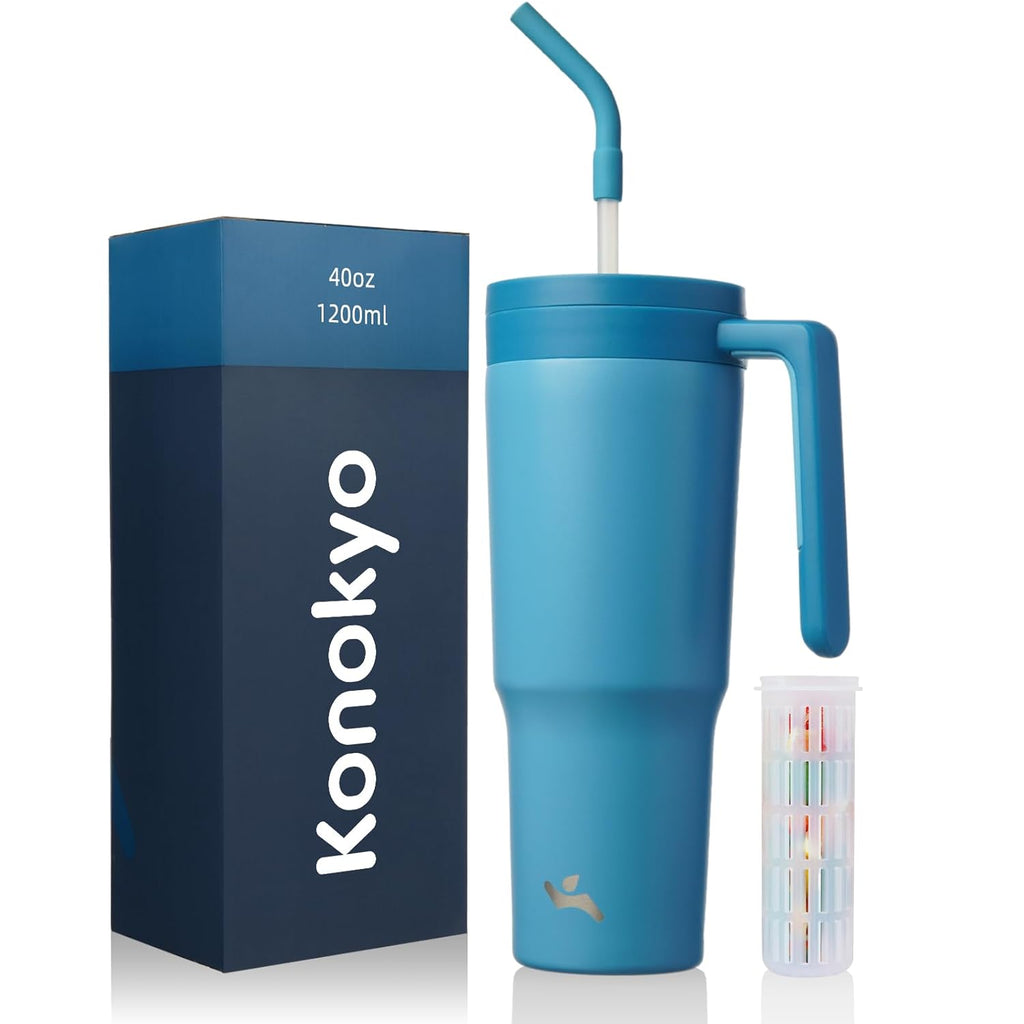 Skiennix Insulated Tumbler - 40 OZ Stainless Steel Travel Mug with Handle, Straw & Fruit Diffuser | Dark Blue