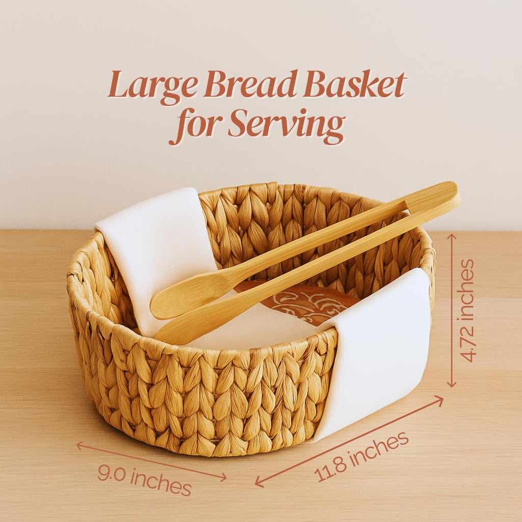 Premium Bread Basket with Warmer – Woven Serving Basket with Terracotta Warming Stone & Tongs, Keeps Bread Warm Longer, Modern Table Basket for Bread, Rolls & Tortillas, Mothers day, Mothers day gift