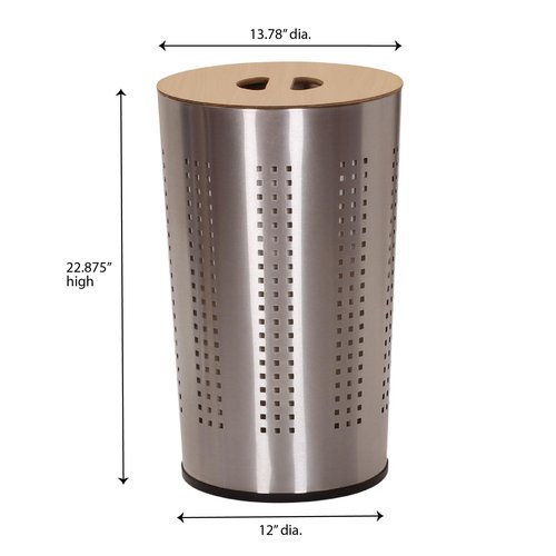 Household Essentials 7081-1 Round Metal Laundry Hamper - Removable Liner Bag and Wood Lid - Stainless Steel