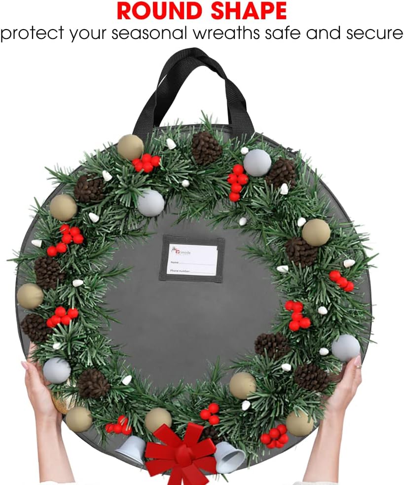 Primode Heavy Duty Christmas Wreath Storage Bag - Durable 600D Oxford Polyester - 24" Gray Container with Handles