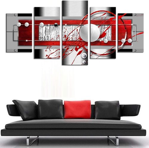 AWLXPHY Abstract Canvas Wall Art - Modern Red, Black & Grey Circle Design | 5-Piece Framed Set (60'' x 30'')