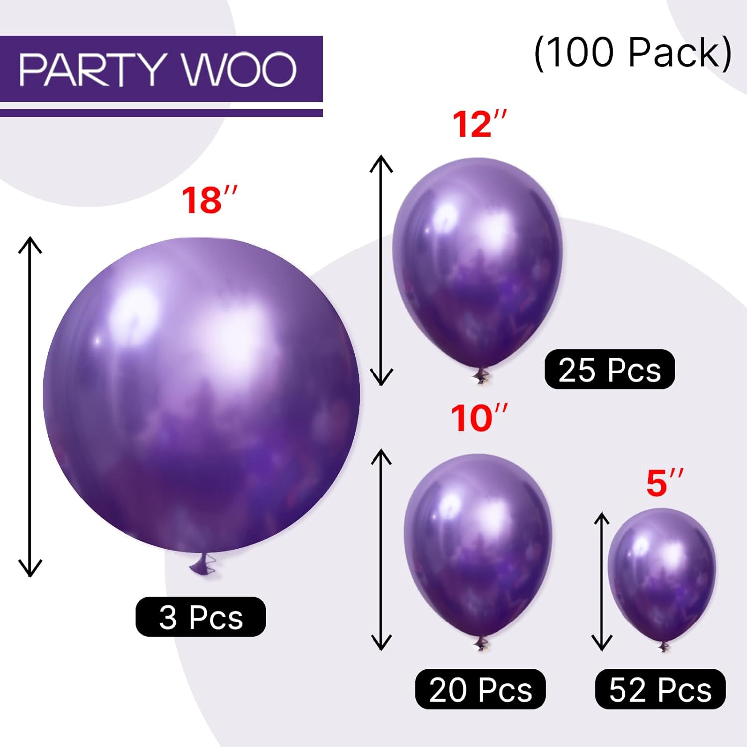 PartyWoo Metallic Purple Balloons - 100pcs Chrome Purple Balloon Arch Kit for Graduation & Birthday Celebrations | 18", 12", 10", 5" Sizes