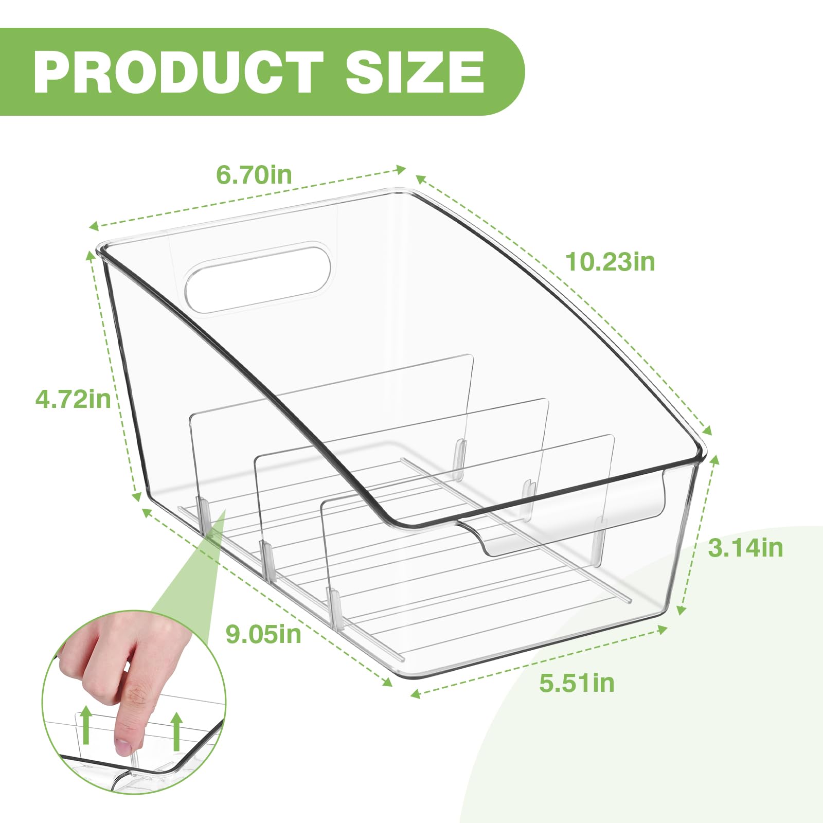 Hiitytin 4 Pack Clear Pantry Organizer Storage Bins Removable Snack Organizer Plastic Cabinet Organizers Racks with 3 Dividers, Refrigerator Bins, Kitchen Storage