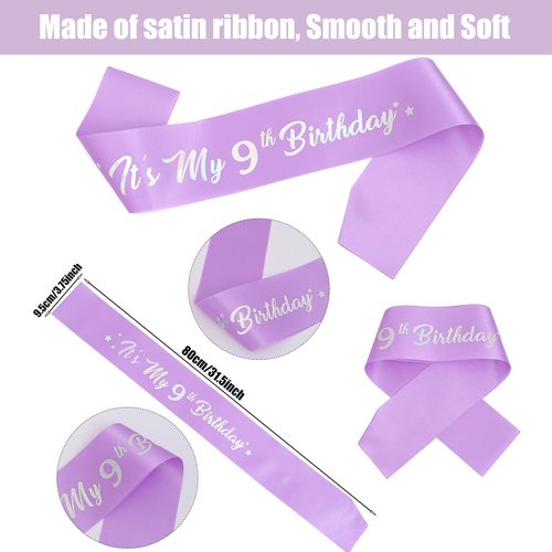9th Birthday Decorations for Girls,Purple Headband & Glitter Sash Set for 9 Year Old Girl Birthday Decoration (Purple)