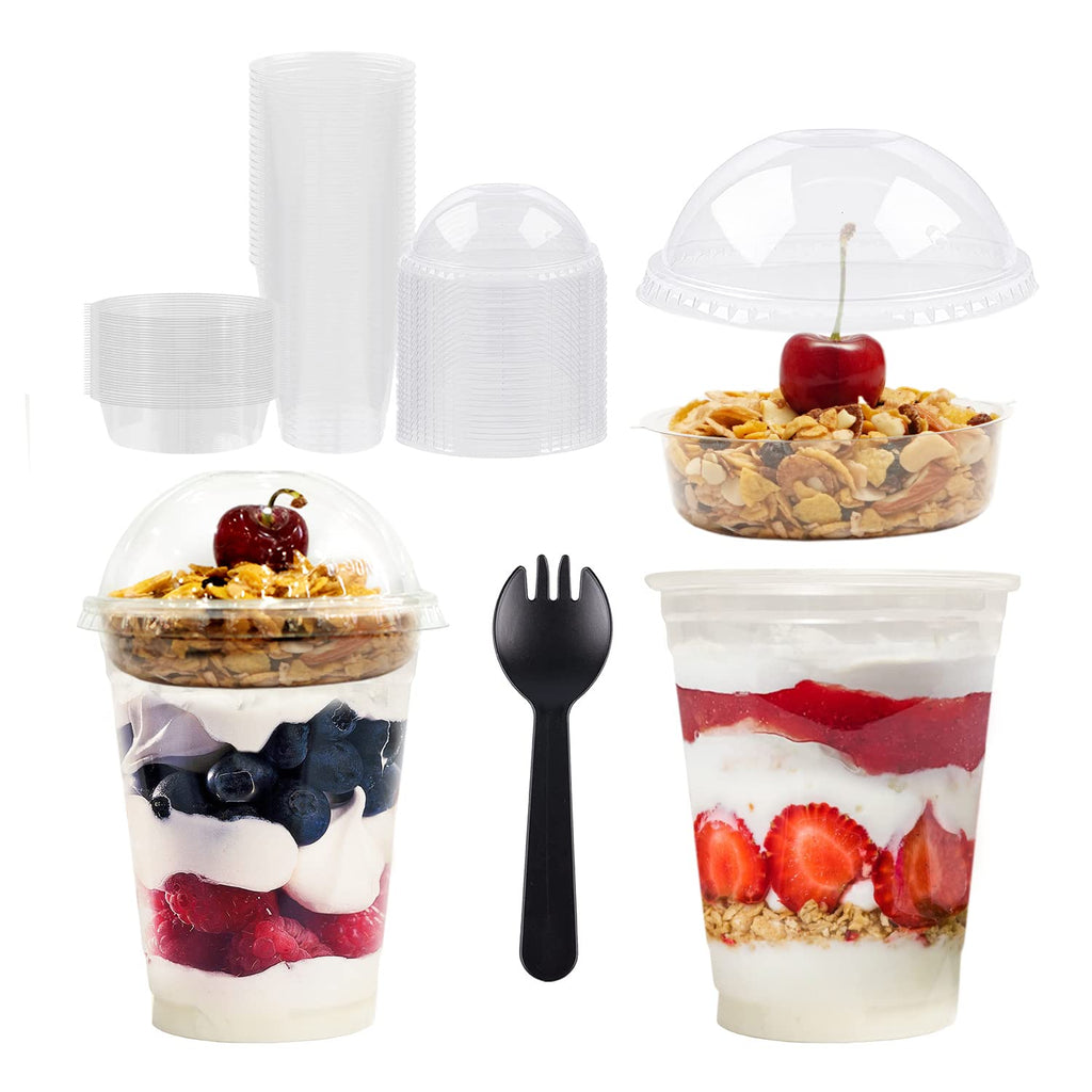 Parfait Cups - 9 Oz - 50 Set - Reusable Dessert Cups With Flat Lids & Inserts - Crystal Clear Plastic - Spill and Leak Proof