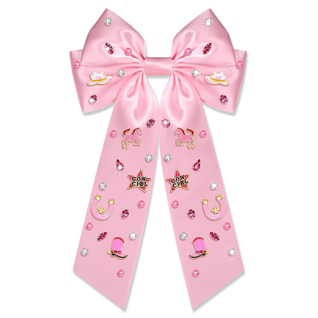 Skiennix Western Hair Bows - Jeweled Cowgirl Clips for Women | Big Pink Hair Accessories