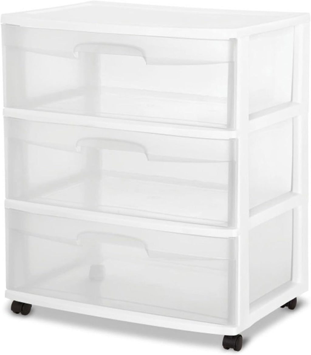 Sterilite Wide 3 Drawer Storage Cart - Rolling Plastic Organizer with Wheels | White & Clear Drawers