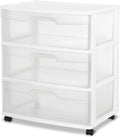 Sterilite Wide 3 Drawer Storage Cart - Rolling Plastic Organizer with Wheels | White & Clear Drawers