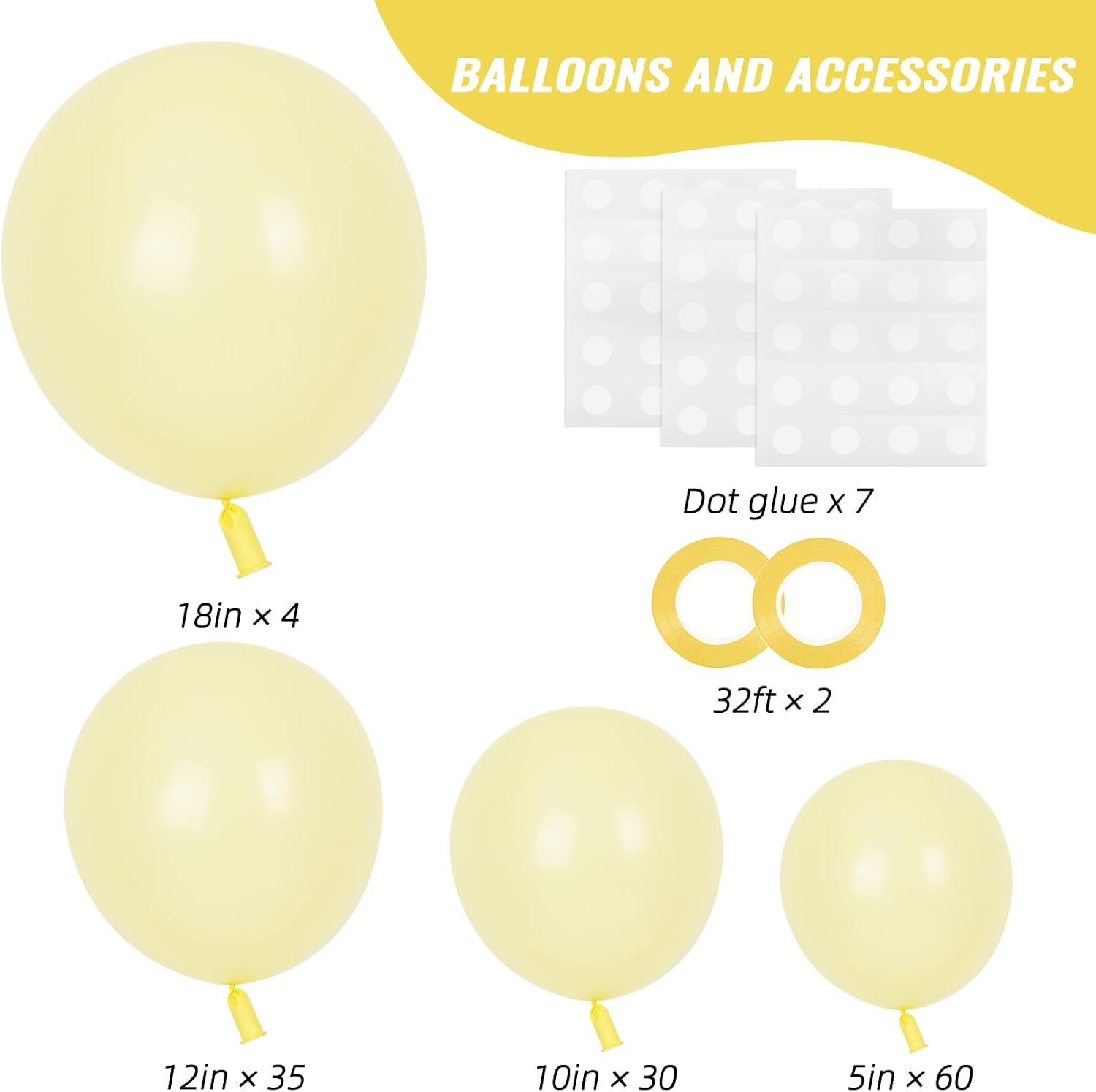 RUBFAC Pastel Yellow Balloons - 129pcs in Various Sizes for Birthday, Wedding & Baby Shower Decor