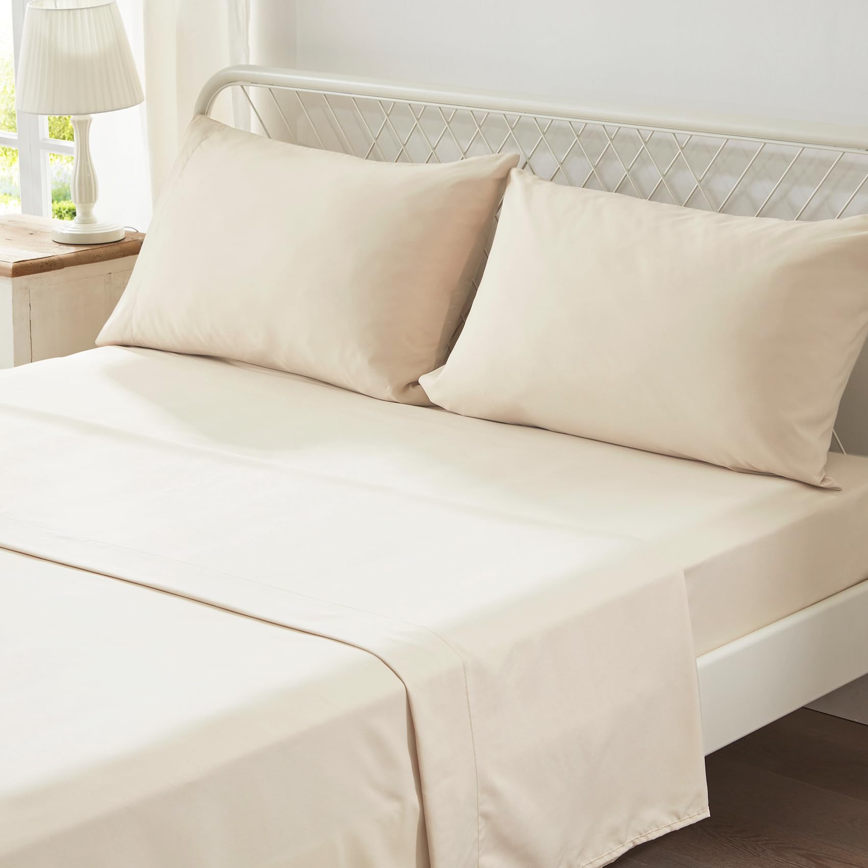 Anluoer King Comforter Set 7 Piece, Cream Bed in a Bag with Sheets, All Season Ruffle Shabby Chic Bedding Sets with 1 Comforter, 2 Pillow Shams, 2 Pillowcases, 1 Flat Sheet, 1 Fitted Sheet