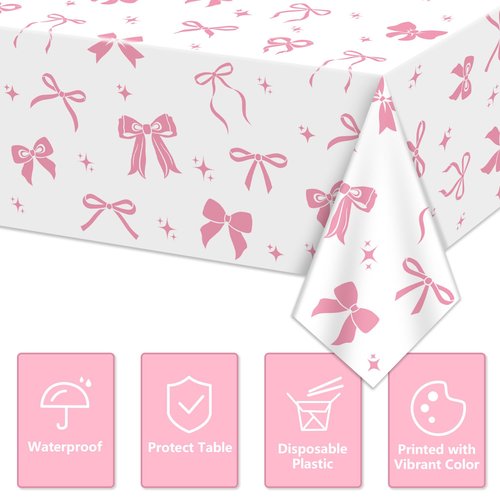 APUXXJUPA 4 Pcs Pink Bow Table Cloths, 51 x 86 '' White and Pink Bow Birthday Decorations for Coquette Birthday Decorations Baby Shower Party Supplies