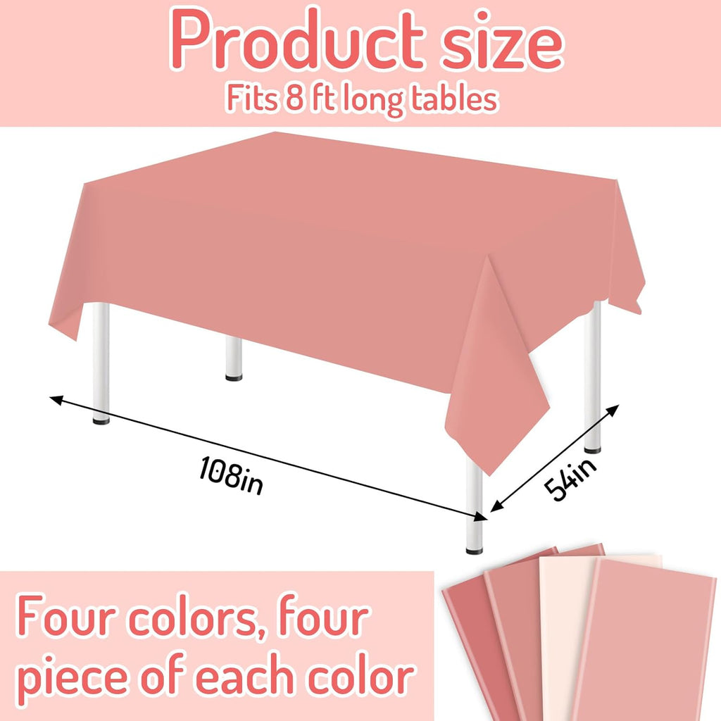 Whaline 16Pcs Pink Plastic Tablecloth Set - Waterproof Rectangle Table Covers for Parties | 54 x 108 Inch