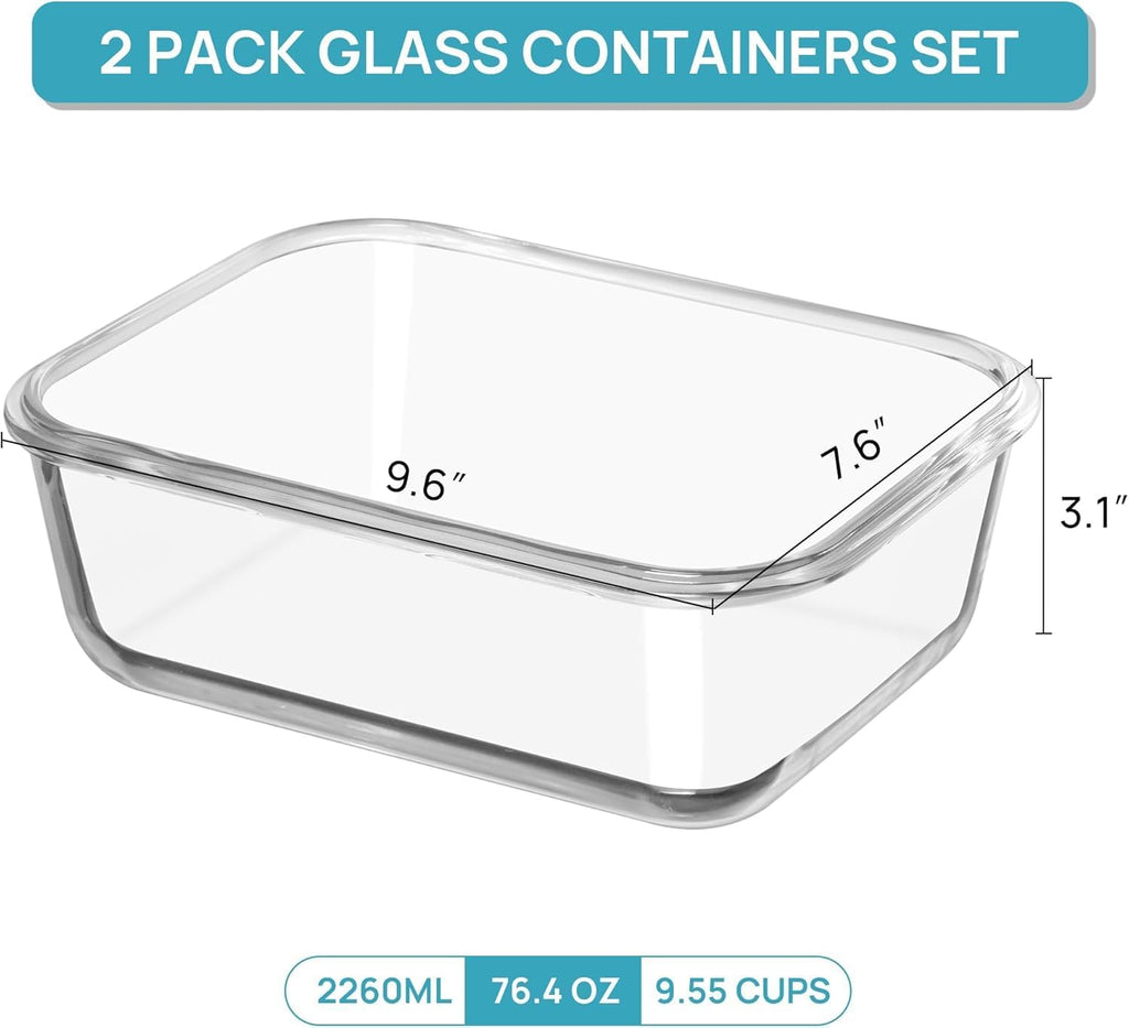 Vtopmart Large Glass Food Storage Containers - 2-Pack 76.4oz with Airtight Snap Lids | Leak-Proof, Microwave & Oven Safe, Green