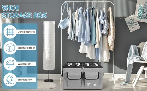 ITHWIU Shoe Storage Organizer for Closet, Fits 16 Pairs, Shoe Bin Storage Containers Foldable with Transparent Cover & Reinforced Handlesfor Shoes, Space Saving Shoes Holder, Gray