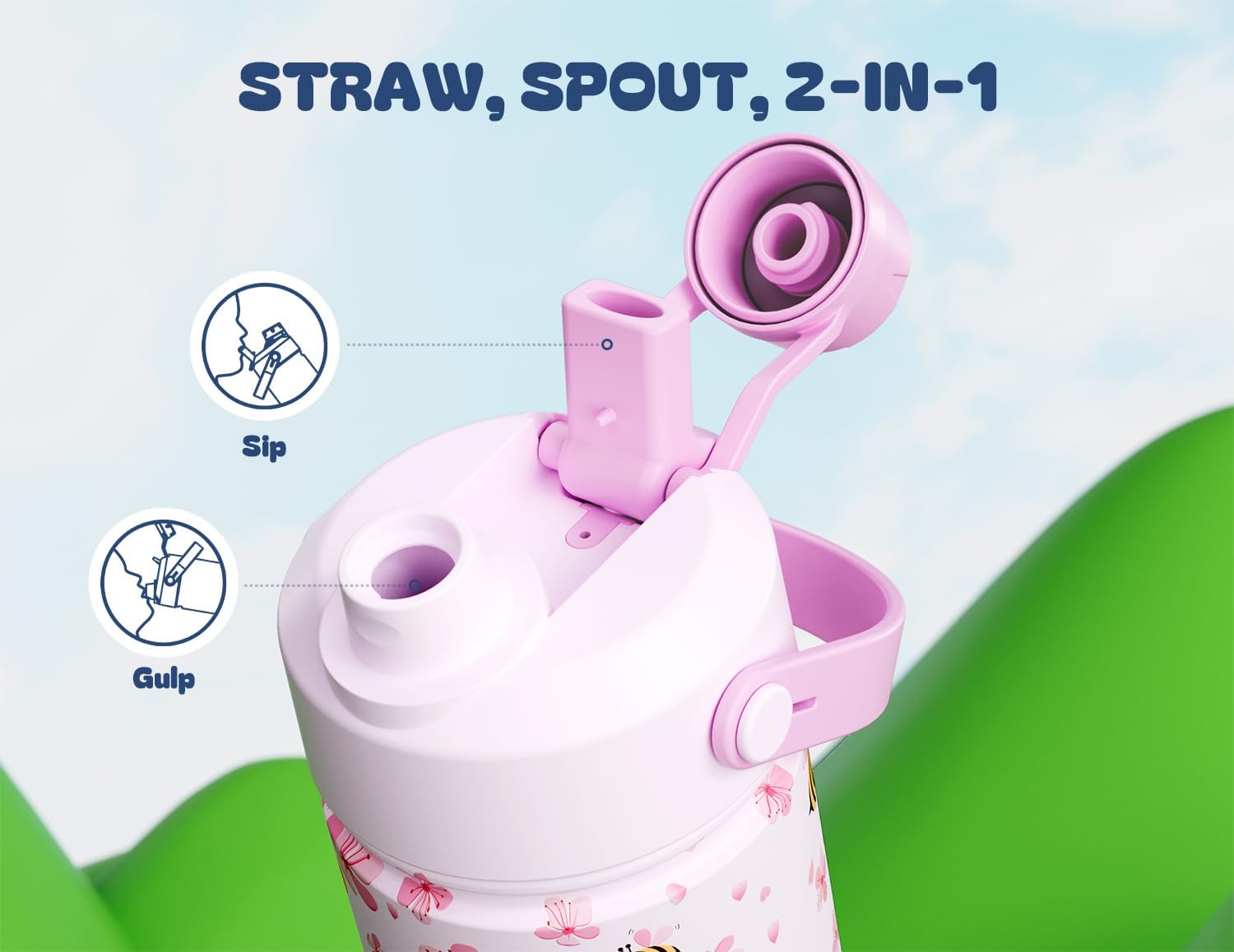 Skiennix 12 oz Kids Stainless Steel Water Bottle - Leakproof 2-in-1 Straw Lid, BPA-Free, Cute Bee Design