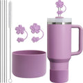 AFKLMNE 6-Pack for Stanley Cup Accessories Set 30/40 Oz Tumbler, 2 Straw Cover, 2 Replacement Straws, 1 Straws Cleaner Brush, 1 Boots, SIlicone Cherry Flower Straw Topper Cap (Lilac)