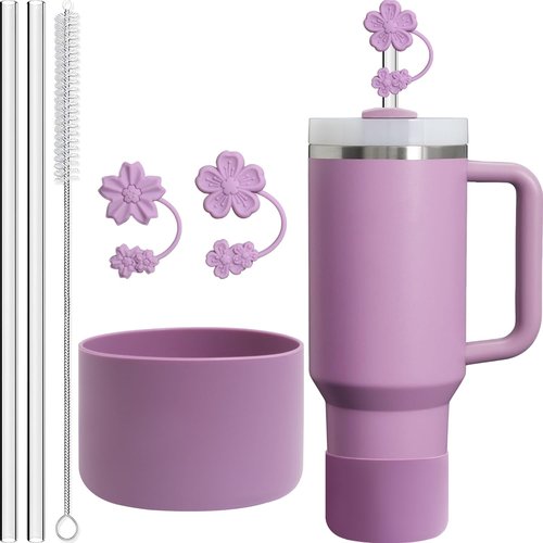 AFKLMNE 6-Pack for Stanley Cup Accessories Set 30/40 Oz Tumbler, 2 Straw Cover, 2 Replacement Straws, 1 Straws Cleaner Brush, 1 Boots, SIlicone Cherry Flower Straw Topper Cap (Lilac)