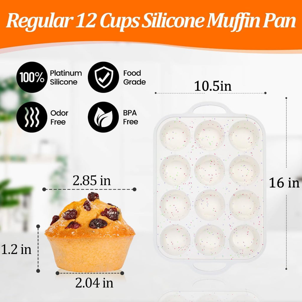 Skiennix Silicone Muffin Pans - Nonstick 12-Cup Molds with Metal Reinforced Frame | 2.8 Inch, BPA Free, Dishwasher Safe