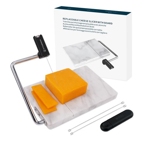 KITCHENDAO Replaceable Wire Cheese Slicer with Board, Tightness Adjustable Cheese Slicer, Marble Cheese Cutter for Block Cheese, Easy to Replace, with 2 Extra Upgrade Strong Wires