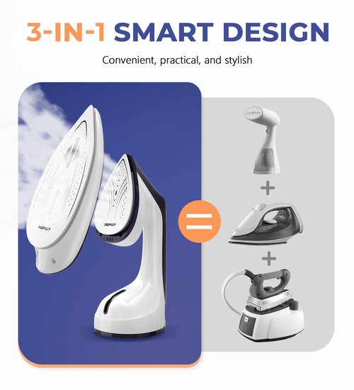 Steamer for Clothes, 1600W 2-in-1 Steamer & Iron with Large Ceramic Plate, Powerful Turbo Steam, Smart Temperature Control, Auto-Off, Wrinkle Remover for All Fabrics
