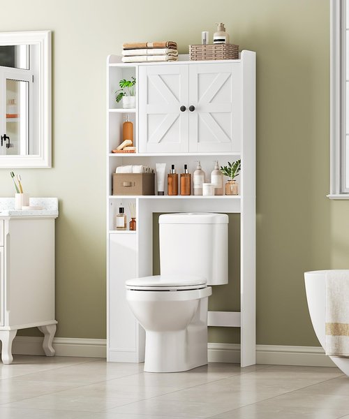 HOOBRO Over The Toilet Storage Cabinet, Farmhouse Over Toilet Bathroom Organizer with Doors and Adjustable Shelves, 31.5" L x 7.5" Wx 66.7" H, Space-Saving for Bathroom, Laundry, White WT80TS01N1