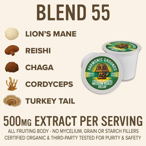 Harmonic Grounds Organic Decaf Mushroom Coffee Pods - Swiss Water Process, Medium Roast with Lion's Mane, Reishi, Chaga, Cordyceps & Turkey Tail - Compatible with Keurig K-Cup Brewers - 34 Count