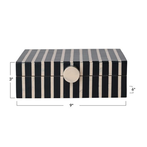 Creative Co-Op Handmade Mango Wood and Resin Striped Storage Box with Knob, Black, Tan & Natural