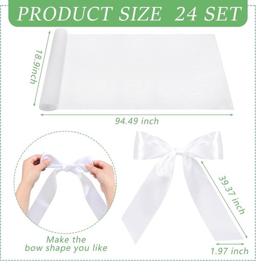 HunnmingRe Wedding Chair Sashes - 24 Sets of White Tulle Ribbons for Aisle Decor & Ceremony